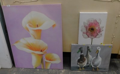 Lot 1569 - Three painted canvases, subject matters...
