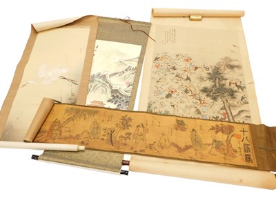 Lot 295 - Five oriental scrolls, each depicting flowers...