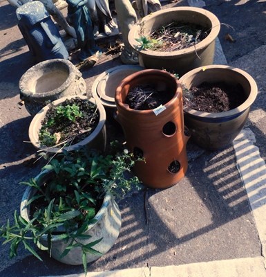 Lot 1649 - A group of plant pots, to include large green...