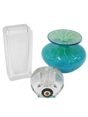 Lot 504 - A Mdina blue and green glass vase, 12cm high,...