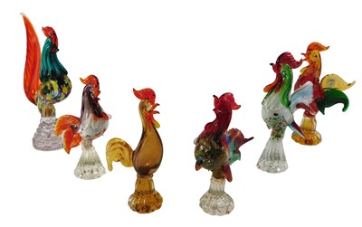 Lot 442 - Six Murano style glass cockerels, the...
