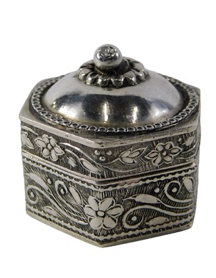 Lot 554 - A Continental white metal hexagonal pill...