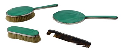 Lot 557 - A silver and enamel dressing table set,...