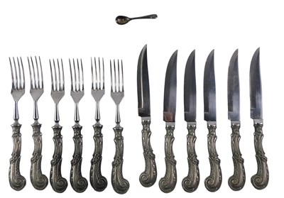 Lot 631 - A set of six Wilkens pewter handled ornate...