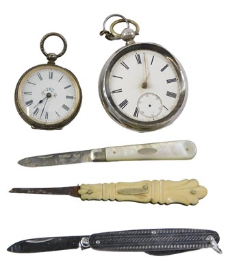 Lot 90 - Two pocket watches, and three pen knives,...