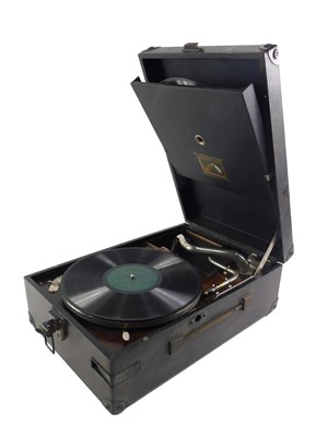 Lot 749 - A HMV black portable gramophone, 29cm wide.