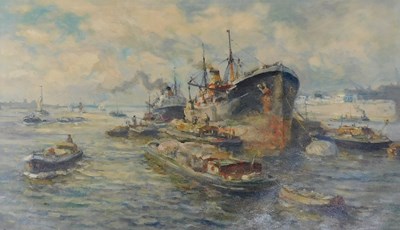 Lot 307 - Evert Moll (1878-1955). Rotterdam Harbour, oil...
