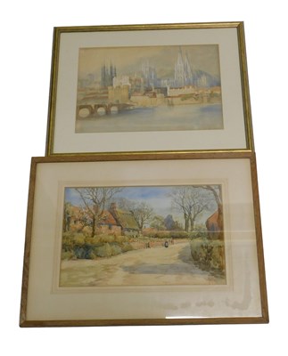 Lot 829 - SYK. Village scene with thatched cottage,...