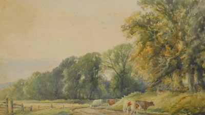 Lot 831 - Hubert Rawson. Landscape with cattle,...