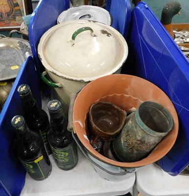 Lot 2157a - Enamelled flour bins, together with bottles of...