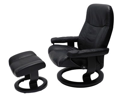 Lot 1005 - A Stressless black leather adjustable armchair,...