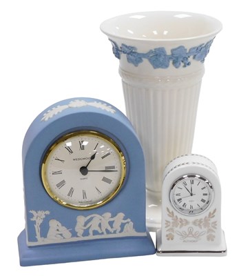 Lot 87 - A Wedgwood light blue Jasperware mantel clock,...