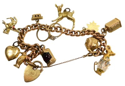 Lot 408 - A 9ct rose gold curb link charm bracelet, on a...