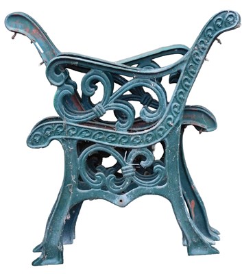 Lot 728 - Two pairs of green painted cast iron bench...