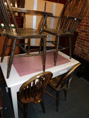 Lot 1033 - A white painted kitchen table, and a set of...