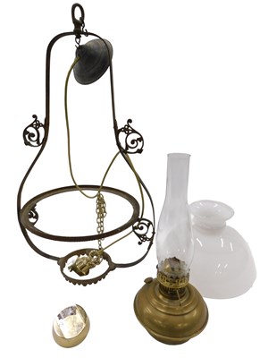 Lot 422 - A 20thC brass hanging lantern, with oil lamp...