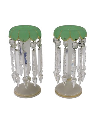 Lot 794 - A pair of Victorian milk glass lustres, each...