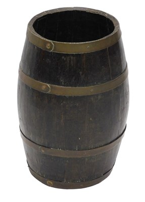 Lot 945 - An oak and brass coopered barrel-shaped...