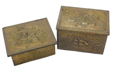 Lot 950 - An embossed brass slipper or coal box,...