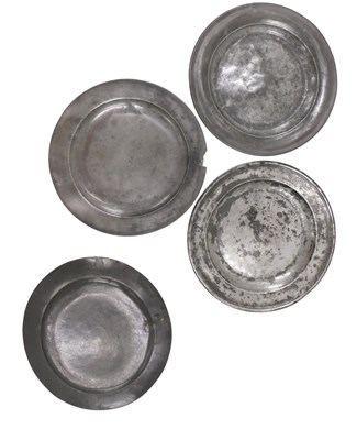 Lot 349b - Four 18thC pewter chargers, touch marks...