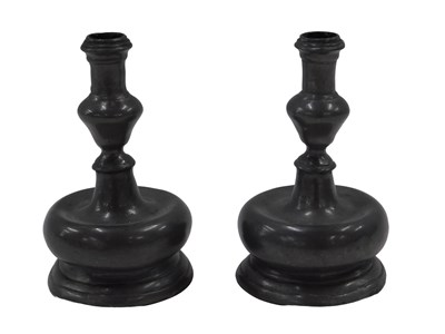 Lot 352 - A pair of 18thC pewter acorn knop candlesticks,...