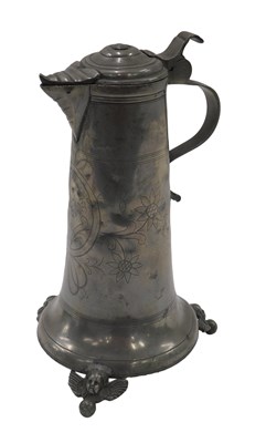 Lot 388 - A 19thC German pewter lidded flagon, with...