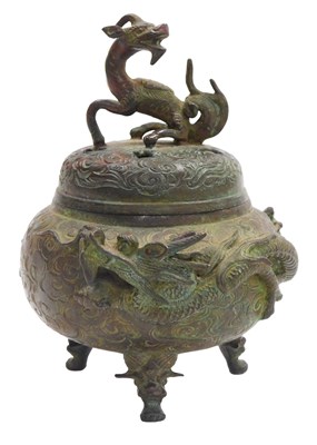 Lot 46 - A Chinese bronze censer and cover, decorated...