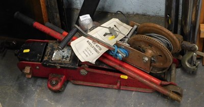 Lot 1583 - A two ton trolley jack, together with a hand...