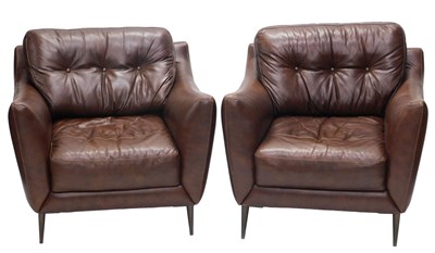 Lot 1036 - A pair of Sofology brown leather armchairs, on...