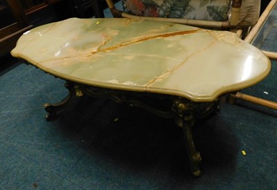 Lot 1718 - A green onyx and gilt metal oval coffee table,...