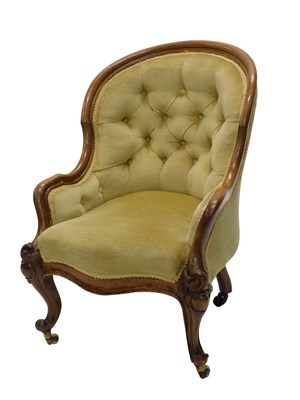 Lot 967 - A 19thC walnut show frame armchair, with gold...