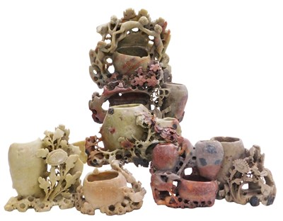 Lot 100 - Seven late 19thC Chinese soapstone brush pots,...