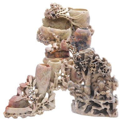 Lot 101 - Four late 19thC Chinese soapstone brush pots,...