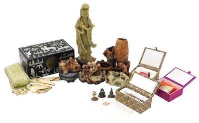 Lot 120 - An 19thC Chinese soapstone figure of Guanyin,...