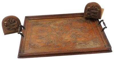 Lot 125 - A late 19thC Chinese carved wooden twin...