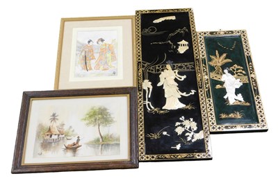 Lot 142 - A Chinese black lacquer panel, decorated with...