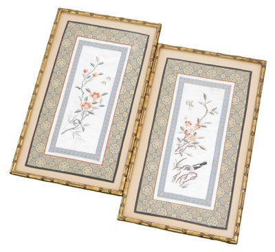 Lot 148 - A pair of late 19thC Chinese silk embroideries,...