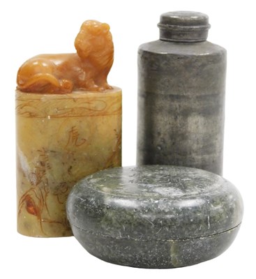 Lot 43 - A Chinese soapstone seal, the terminal carved...