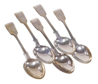 Lot 259 - A set of five Victorian silver Fiddle pattern...