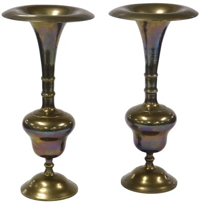 Lot 396 - A pair of early 20thC heavy brass vases, or...