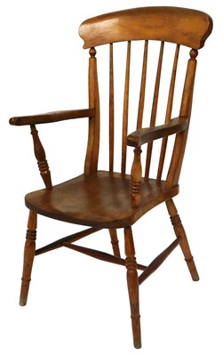 Lot 600 - A 19thC beech and elm lath back Grandfather,...