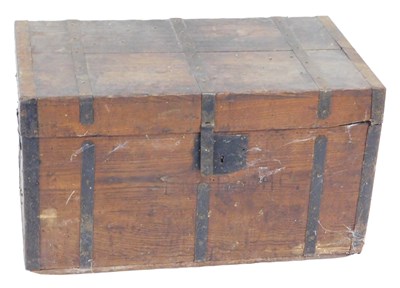 Lot 604 - A late 19thC pine and iron bound trunk, with...