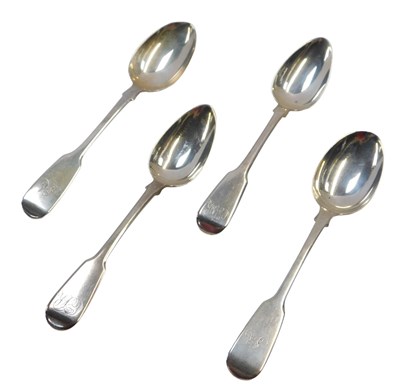 Lot 145 - Four 19thC silver Fiddle pattern teaspoons,...
