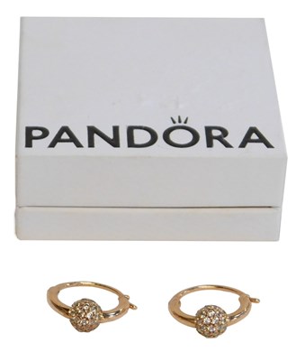 Lot 242 - A pair of Pandora hoop earrings, each ball set...