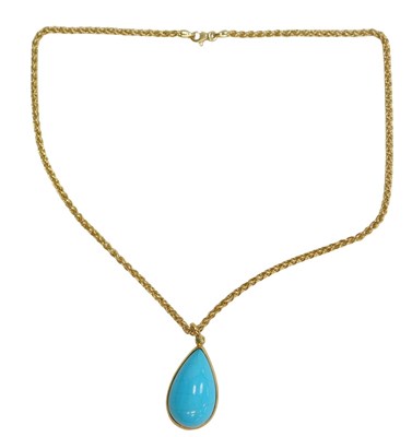 Lot 47 - A turquoise pendant and chain, the teardrop...