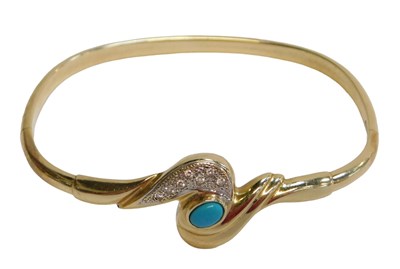Lot 48 - A turquoise and diamond set hinged bangle, the...