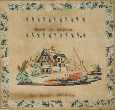 Lot 470 - A 19thC pictorial sampler, named to Jane...