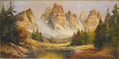 Lot 493 - 20thC School. Alpine Scene, depicting a river...