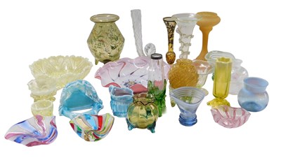 Lot 514 - A group of Vaseline glass vases and dishes,...