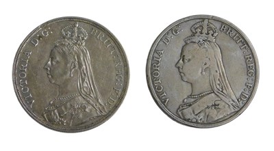 Lot 701 - Two Victorian silver crowns, dated 1887 and 1892.